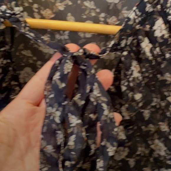 Zara sheer black floral blouse with ruffle & tie. Large. - Picture 3 of 8